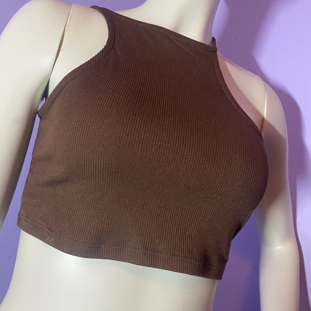 Brown Ribbed Crop Top - Picture 1 of 4